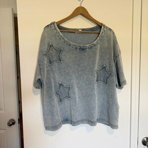 Jane & Delancey Top Womens XL Blue Mineral Wash Distressed Star Patch Boxy Boho